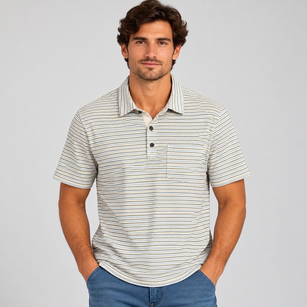 Banana Republic Mens Standard Fit Performance Pique Polo Striped Blue Grey Large